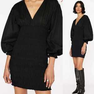 Frame V Neck Smocked Dress Mini Size Small Cotton Ruched Long Sleeve